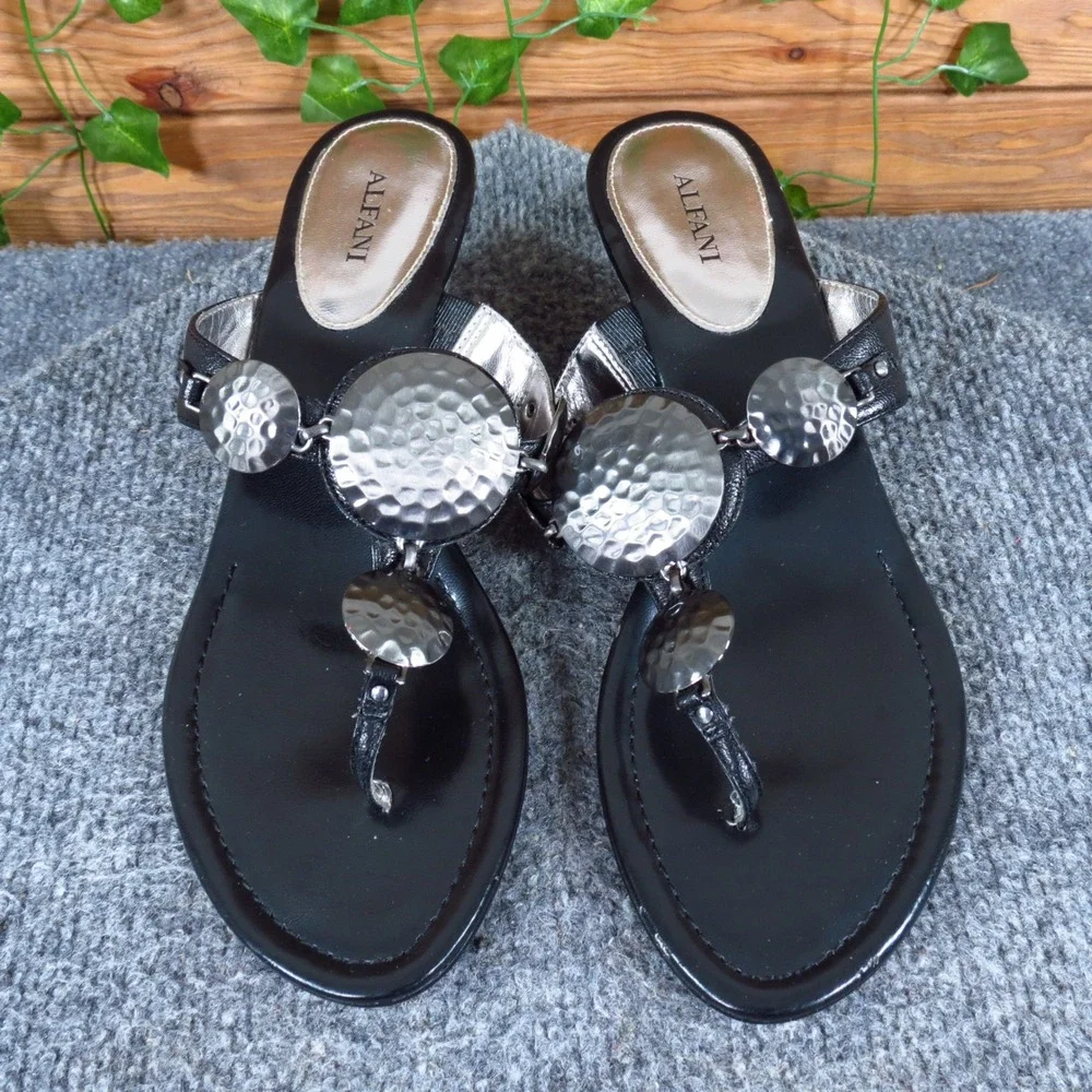 Alfani Kanika Women Wedge Sandal Size 8.5 Dressy Casual Black Leather Thong Heel